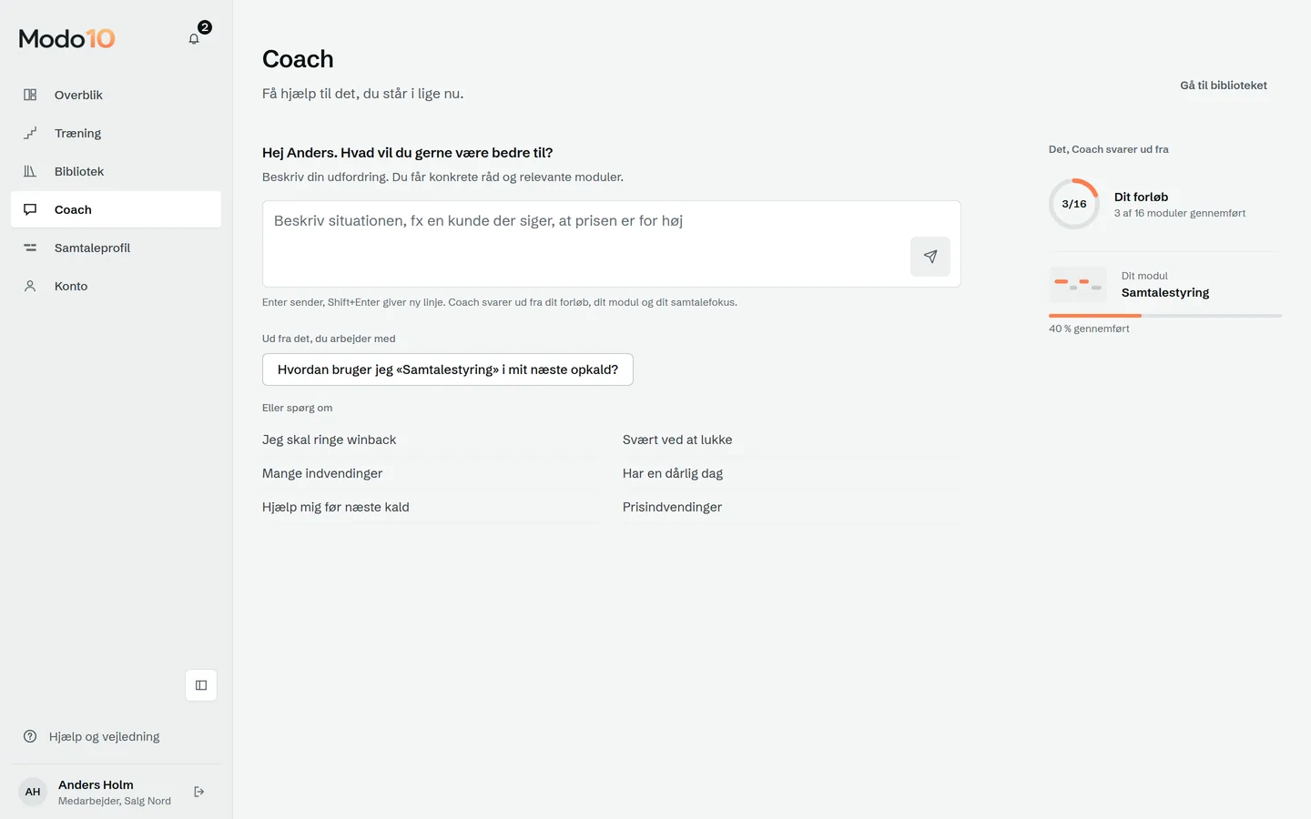Coach i Modo10: et felt til at beskrive situationen og forslag til at komme i gang.