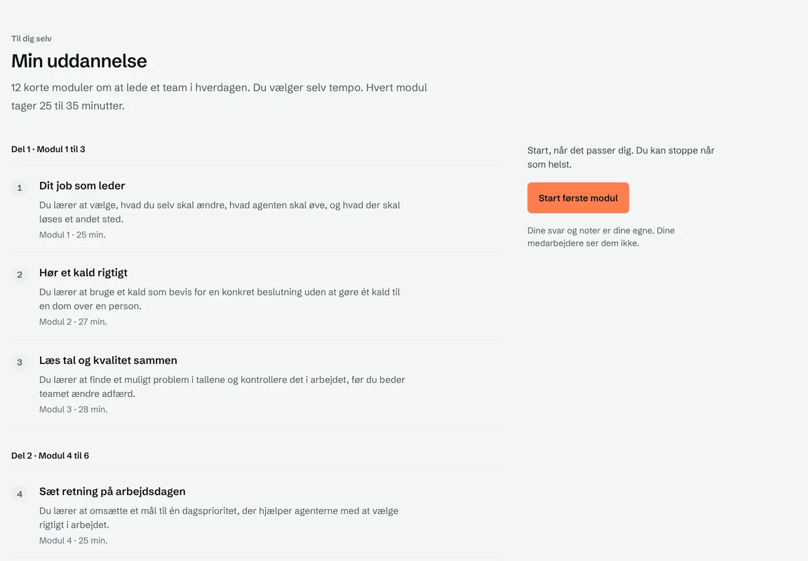 Min uddannelse i Modo10: 12 korte moduler om at lede et team i hverdagen, Del 1 med Dit job som leder, Hør et kald rigtigt og Læs tal og kvalitet sammen, og knappen Start første modul.